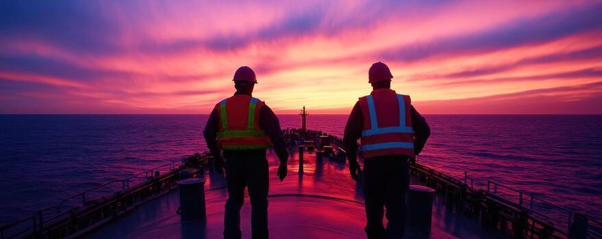 Maritime workers overlooking the sea at sunset